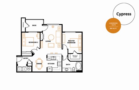 Floor plan for 2 beds, 1 bath, 849 sqft